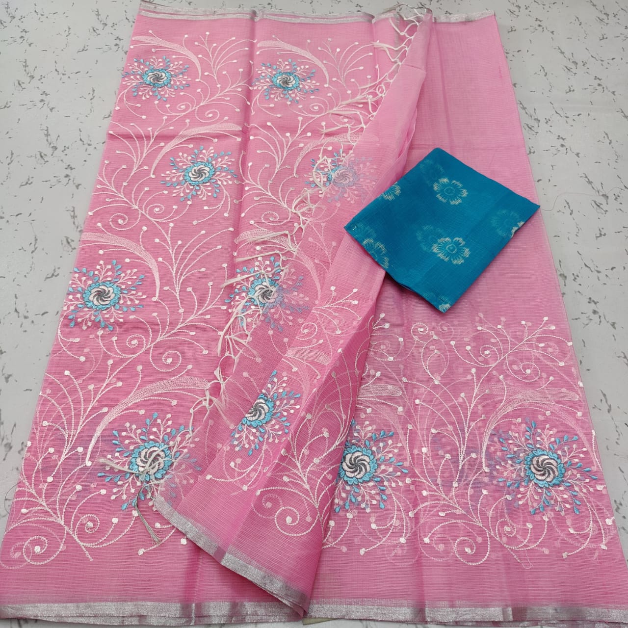 Pure Cotton Kota Doriya Embroidery Saree With Blouse