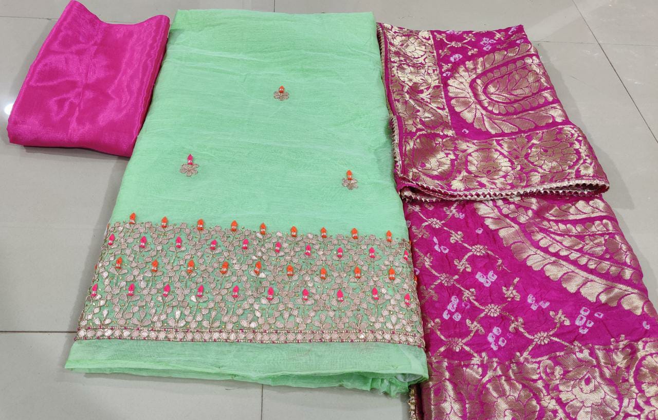 Pure Uppada Silk Hand Gota Patti Suit With Pure Banarasi Silk Zari Dupatta(Without Bottom)