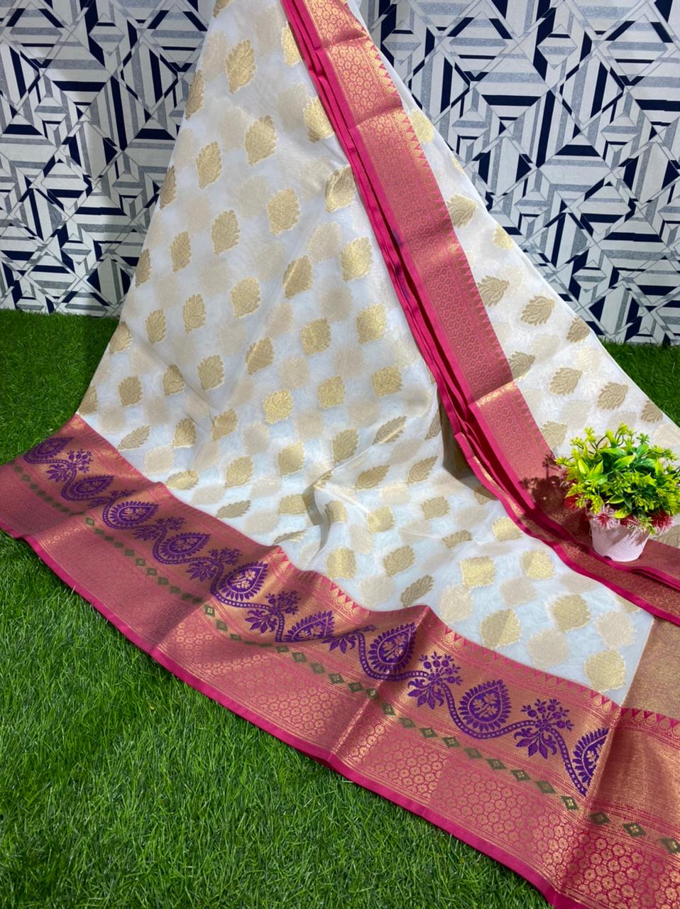 Banarasi Kora Organza Soft Silk Saree Jaquard Meenakari Weaving in Border