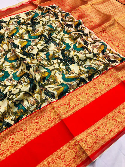 Banarasi Silk Kalamkari Block Print Designe Party Wear Saree