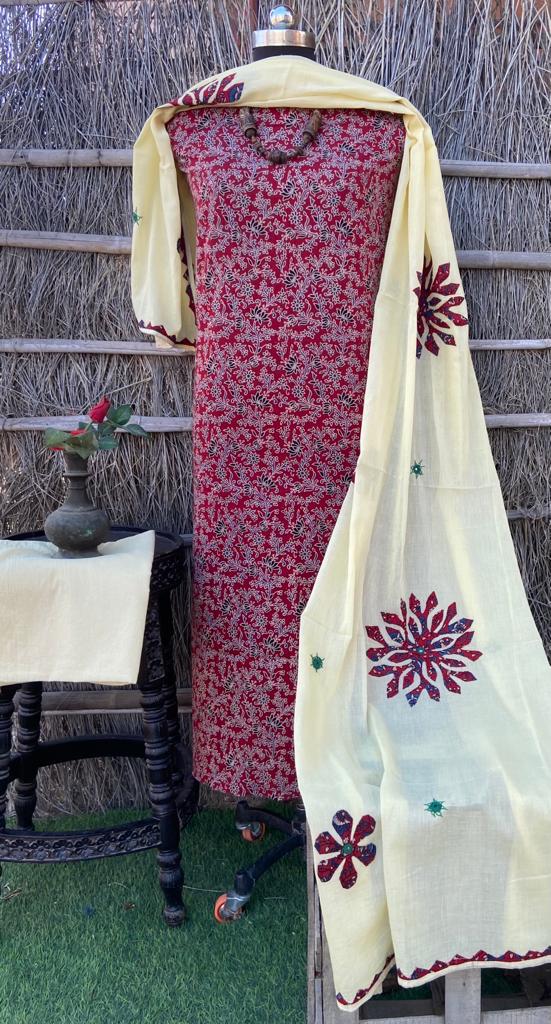 Pure Cotton Ajrakh Printed Unstitched Suits With Patach & Mirror work Dupatta