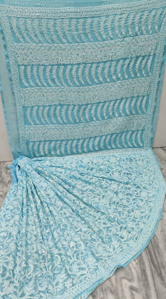 Pure Chiffon Georgette Full Jaal Chikankari Saree With Heavy Hand Work Embroidery WIth Blouse