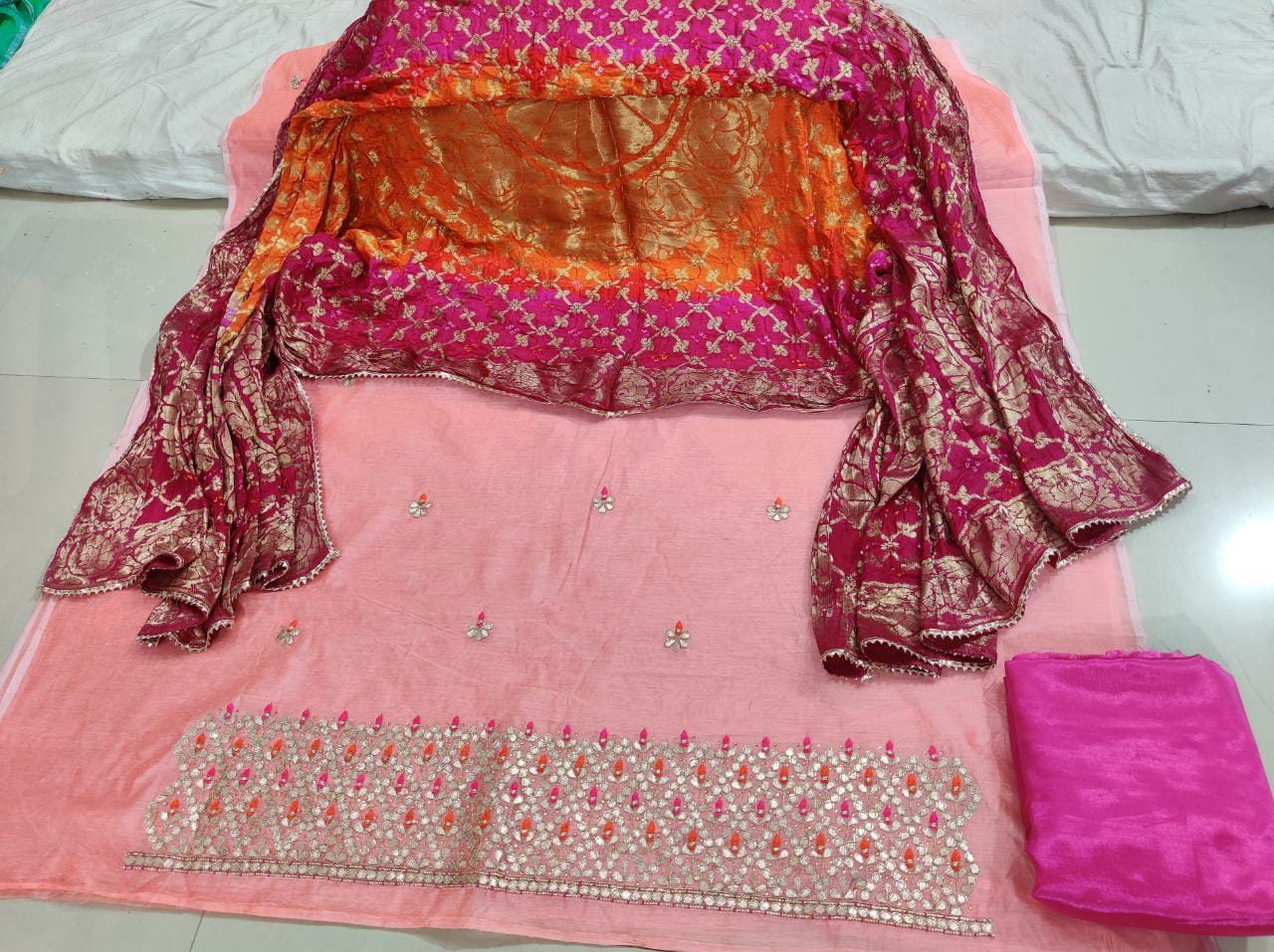 Pure Uppada Silk Hand Gota Patti Suit With Pure Banarasi Silk Zari Dupatta(Without Bottom)