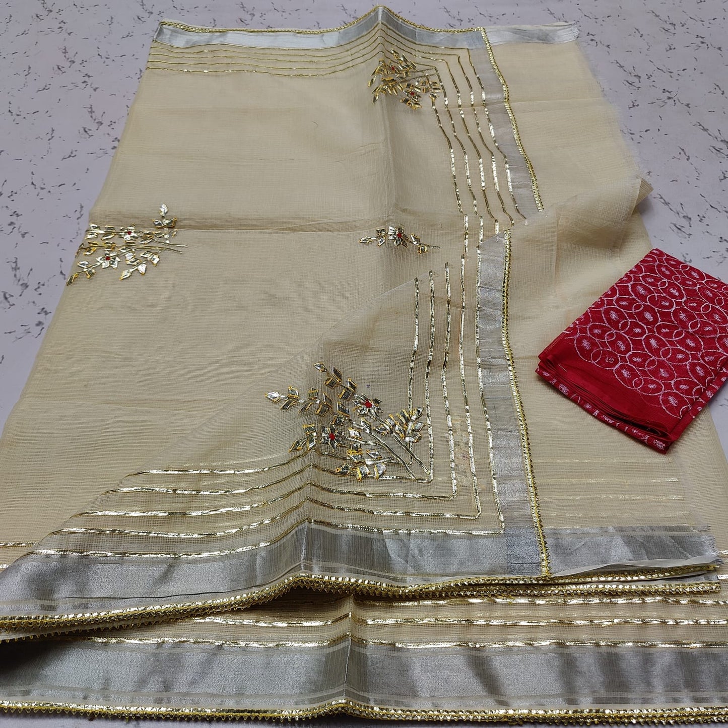 Pure Cotton Kota Doriya Gota Patti Work Saree With Blouse