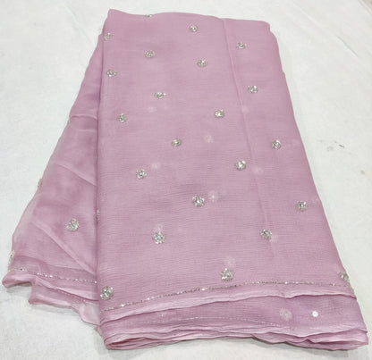 Pure Dimond Chiffon Elegance Hand Work Saree With Running Blouse