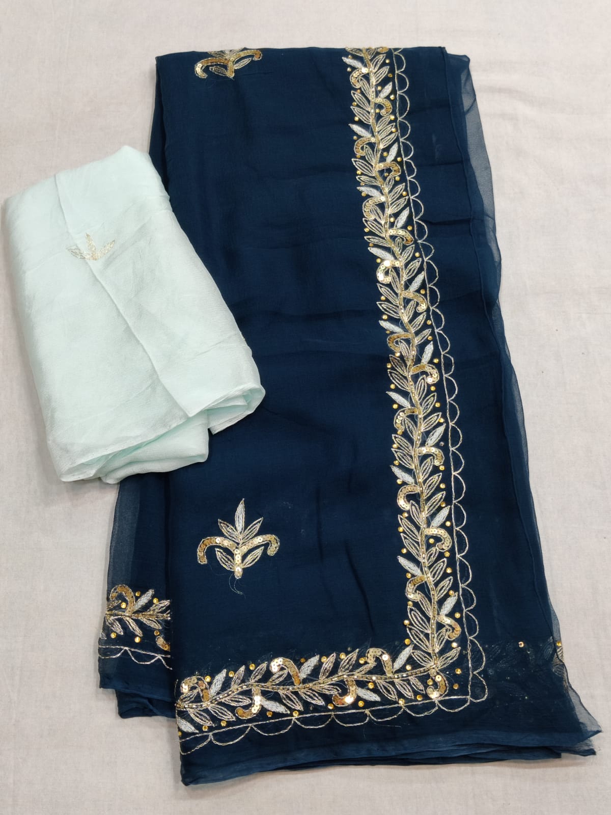 Pure Dimond Chiffon Rajputi ksb Work Saree With Contrast Work Blouse