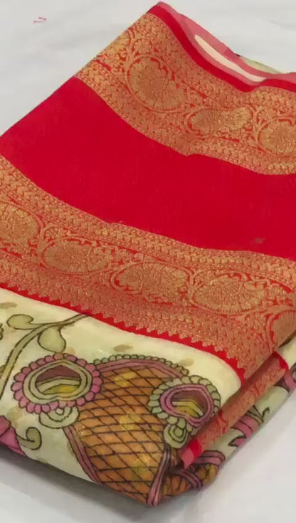 Banarasi Silk Kalamkari Block Print Designe Party Wear Saree