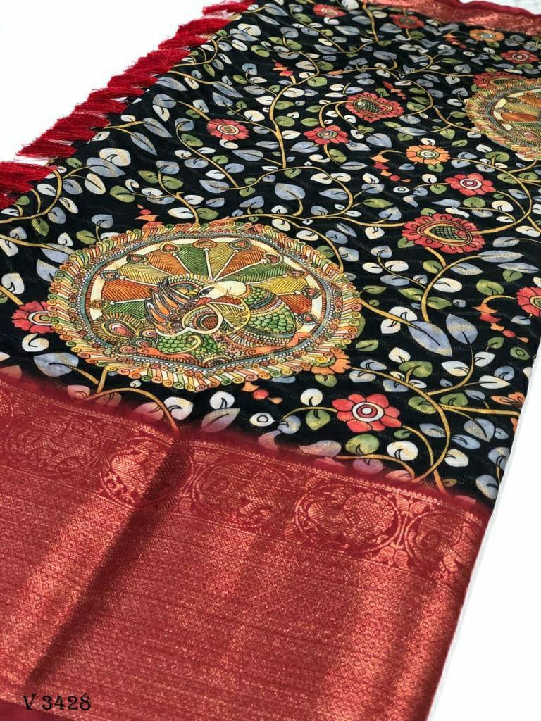 Banarasi Silk Kalamkari Block Print Designe Party Wear Saree