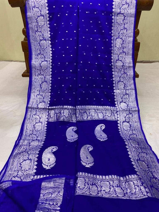 Pure Handloom Khaddi Chiffon Georgette Saree With Silver Zari Weaving Blouse  ( length- 6.3 meter )