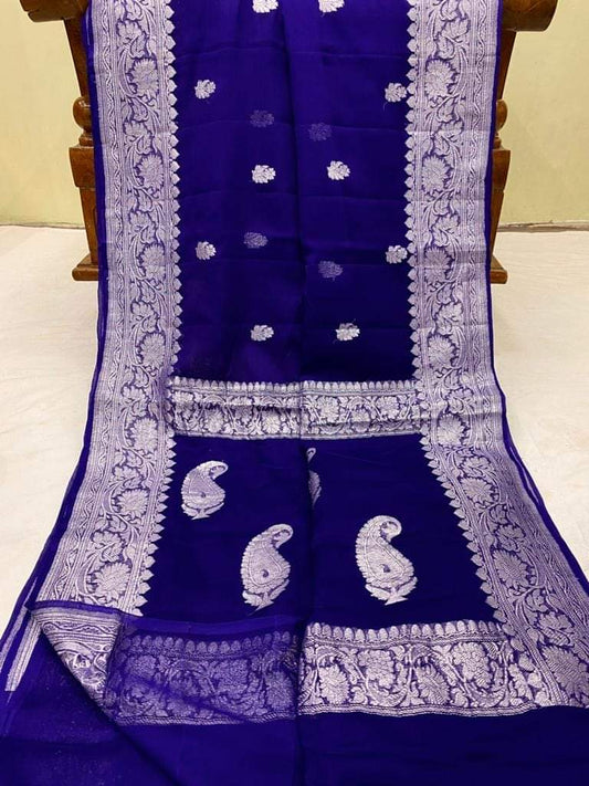 Pure Handloom Khaddi Chiffon Georgette Saree With Silver Zari Weaving Blouse  ( length- 6.3 meter )