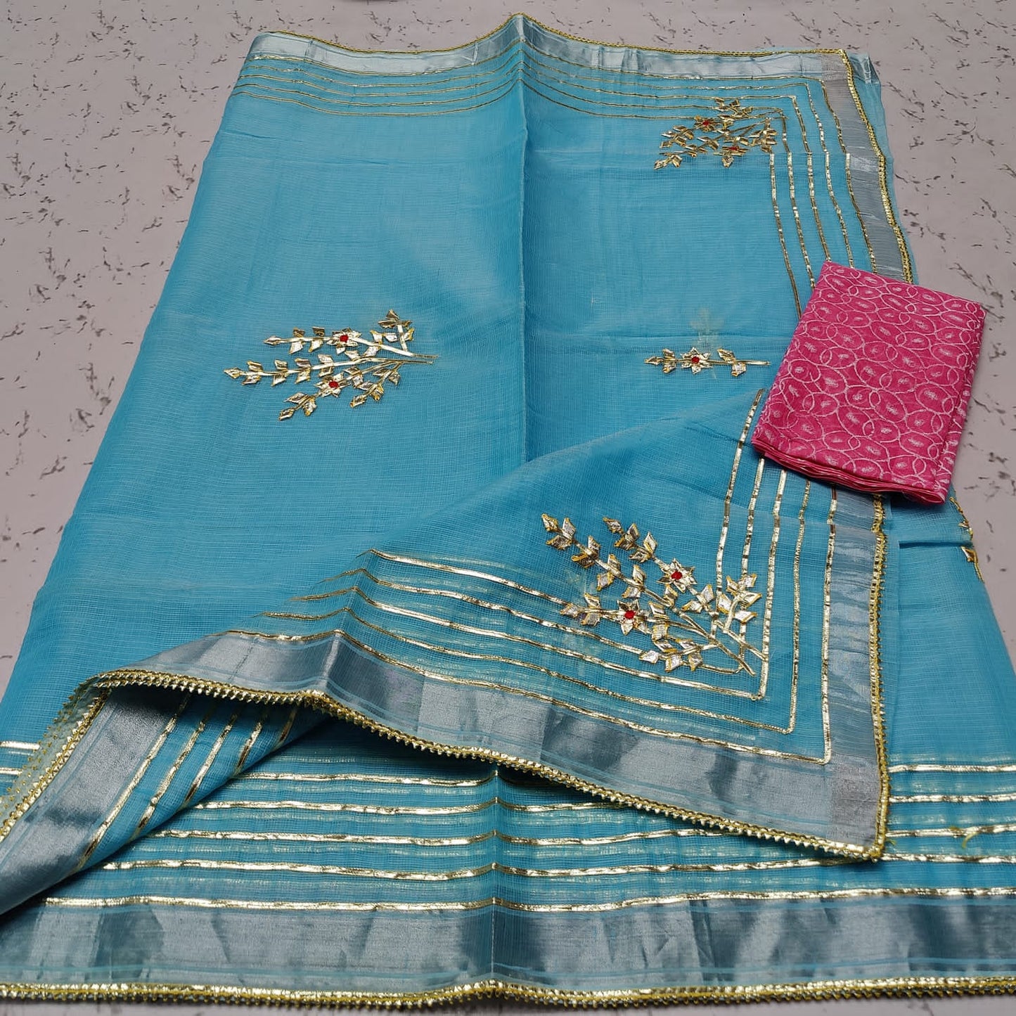 Pure Cotton Kota Doriya Gota Patti Work Saree With Blouse