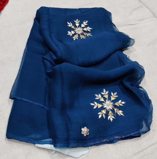 Blue Pure Chiffon Handwork Saree