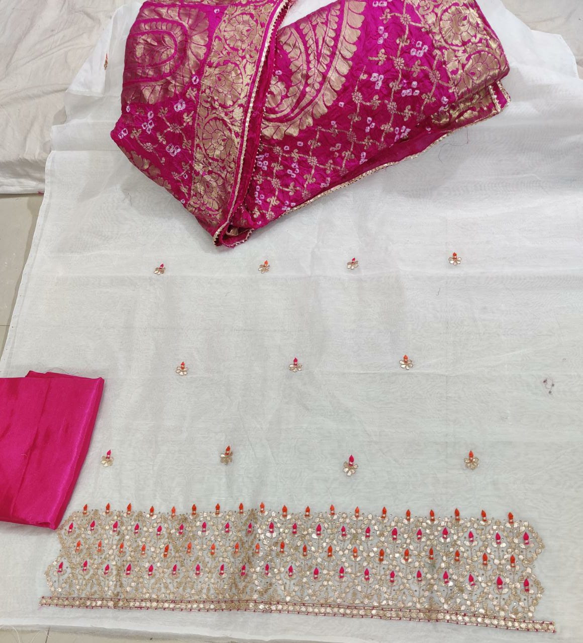 Pure Uppada Silk Hand Gota Patti Suit With Pure Banarasi Silk Zari Dupatta(Without Bottom)