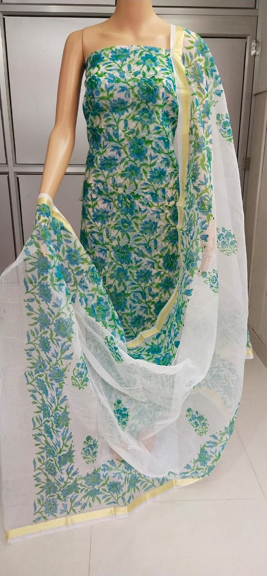 Green Kota Doriya unstitched suits With Kota Doriya Dupatta (Without Bottom )