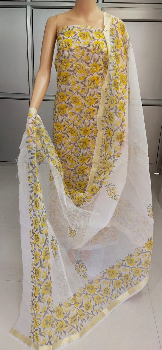 Light Yellow Kota Doriya unstitched suits With Kota Doriya Dupatta (Without Bottom )