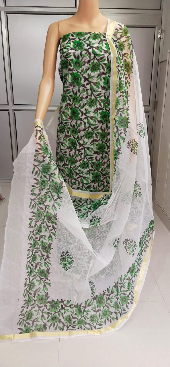 Dark Green Kota Doriya unstitched suits With Kota Doriya Dupatta (Without Bottom )