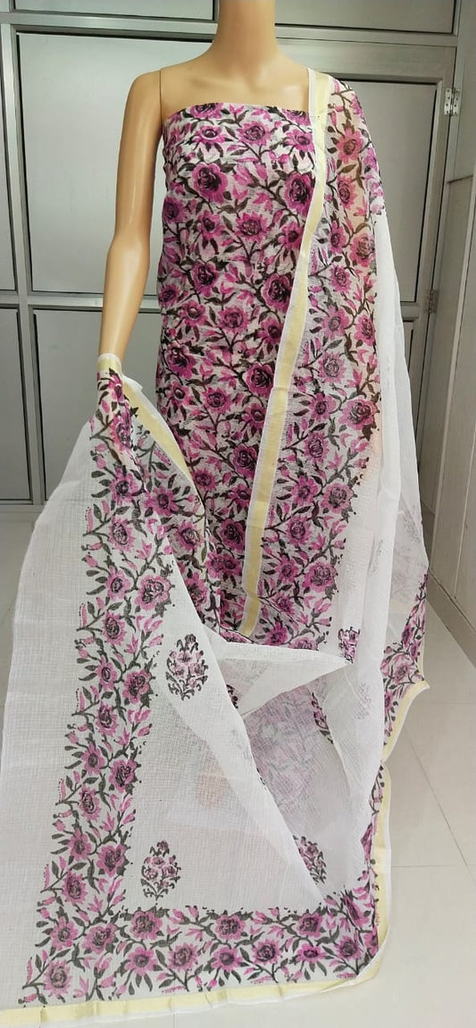 Violet Flower Kota Doriya unstitched suits With Kota Doriya Dupatta (Without Bottom )