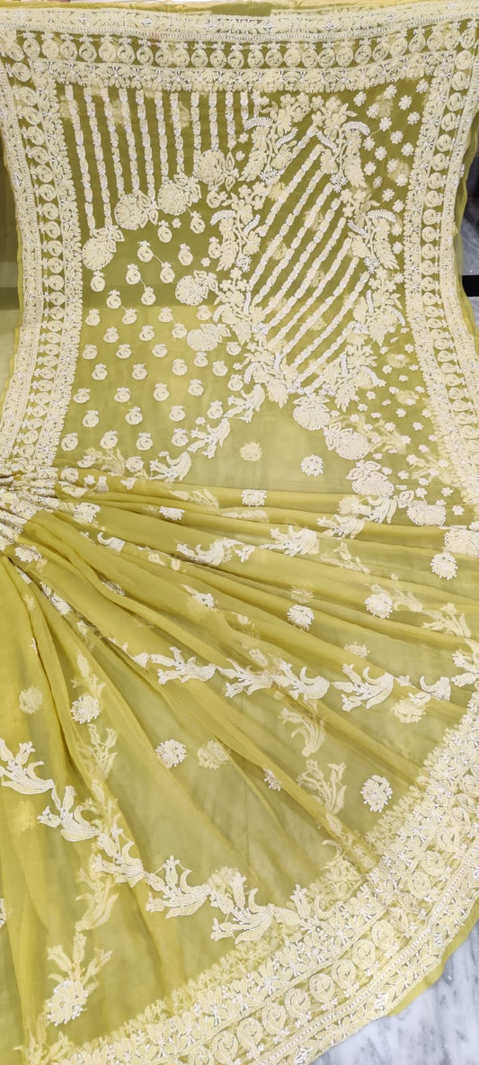 Chiffon Georgette All Over Chikankari Saree With Heavy Hand Work Embroidery WIth Blouse