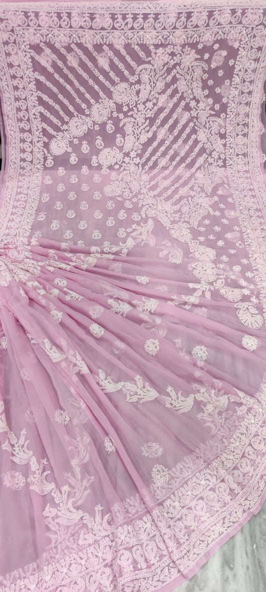 Chiffon Georgette All Over Chikankari Saree With Heavy Hand Work Embroidery WIth Blouse