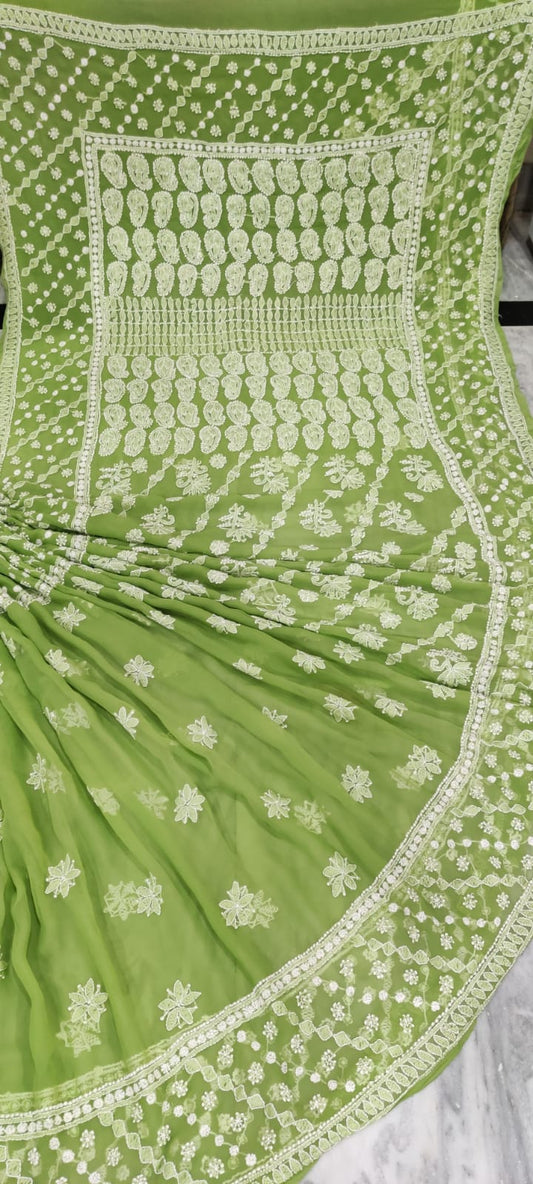 Chiffon Georgette All Over Chikankari Saree With Heavy Hand Work Embroidery WIth Blouse