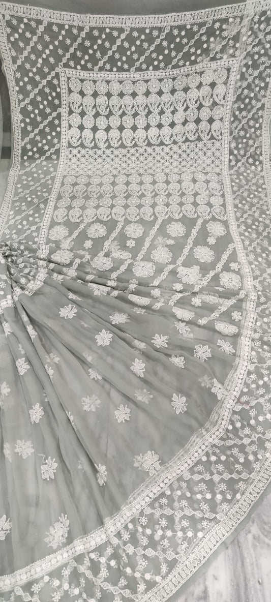 Chiffon Georgette All Over Chikankari Saree With Heavy Hand Work Embroidery WIth Blouse