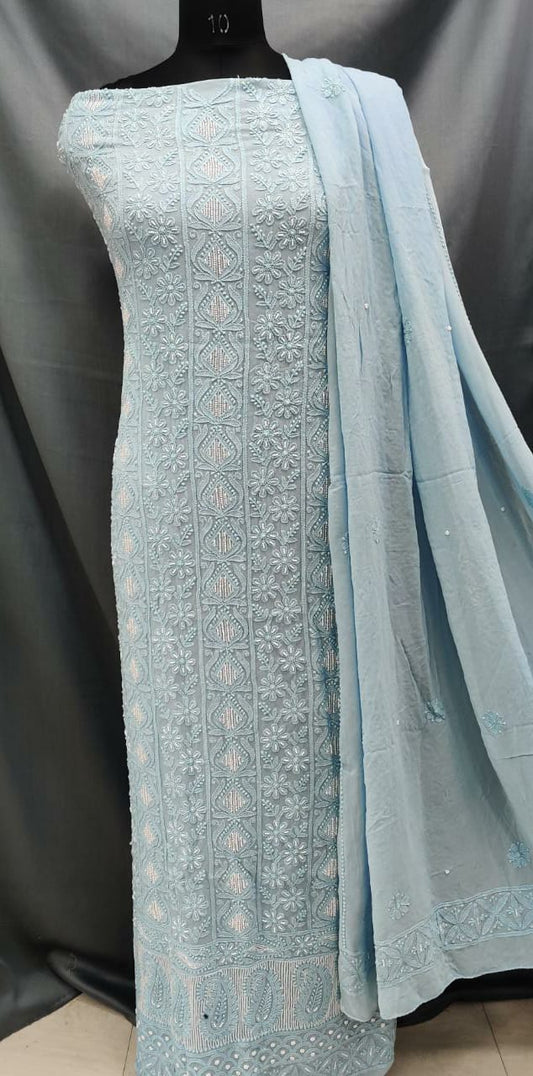 Viscose Unstitched Kurta Suit With Chiffon Chikankari Duppata  Pearl Mirror Work