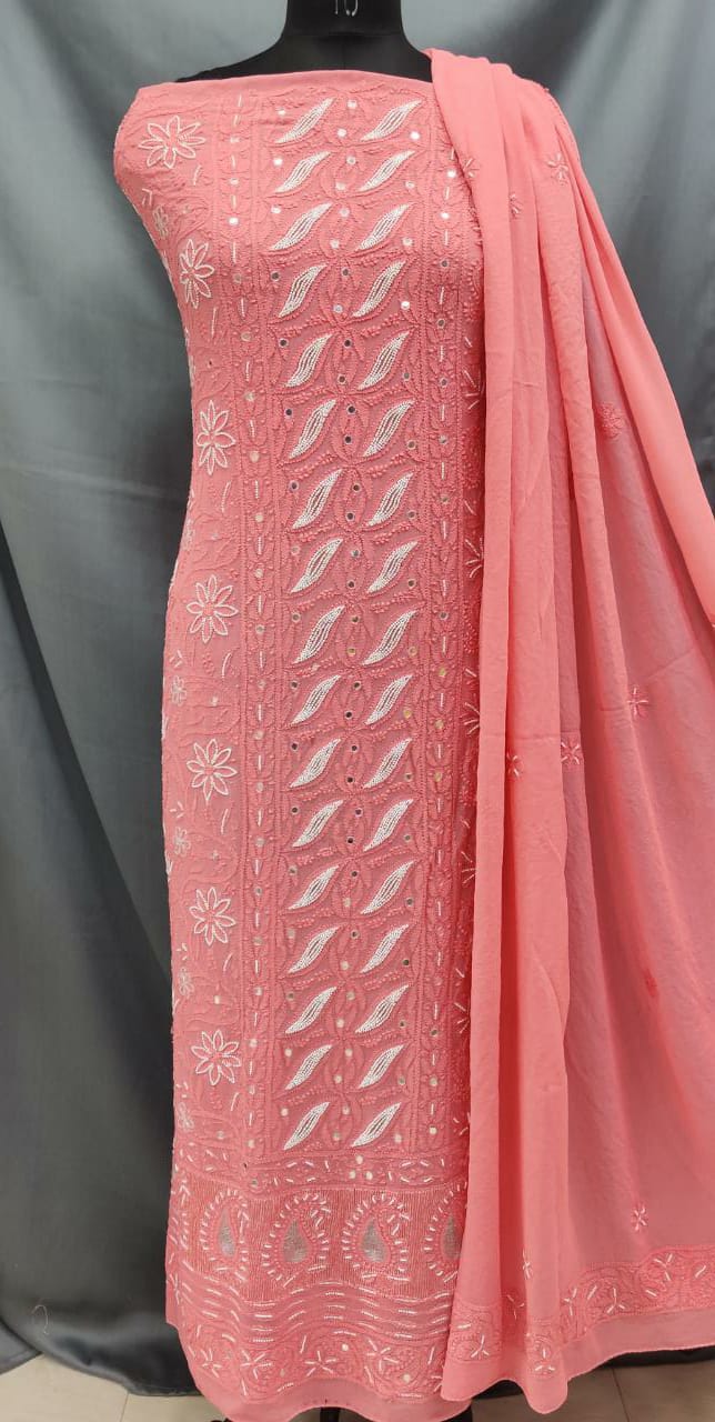 Viscose Unstitched Kurta Suit With Chiffon Chikankari Duppata  Pearl Mirror Work