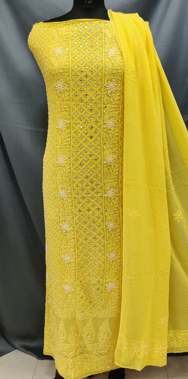 Viscose Unstitched Kurta Suit With Chiffon Chikankari Duppata  Pearl Mirror Work