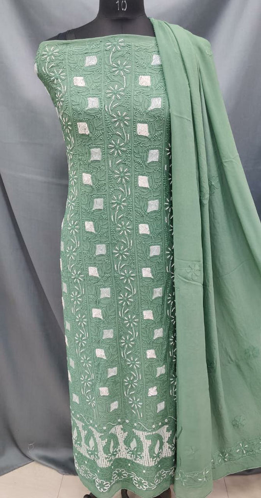 Viscose Unstitched Kurta Suit With Chiffon Chikankari Duppata  Pearl Mirror Work