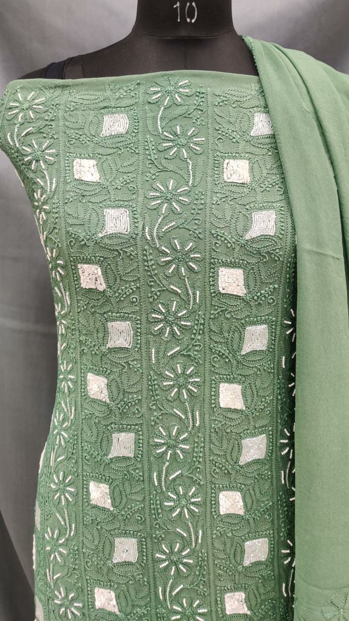 Viscose Unstitched Kurta Suit With Chiffon Chikankari Duppata  Pearl Mirror Work