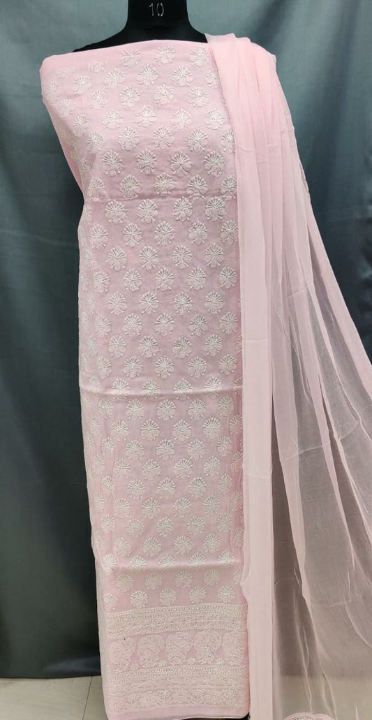 Cotton unstitched Kurta Suit With Chiffon Chikankari Duppata Hand Embroidery