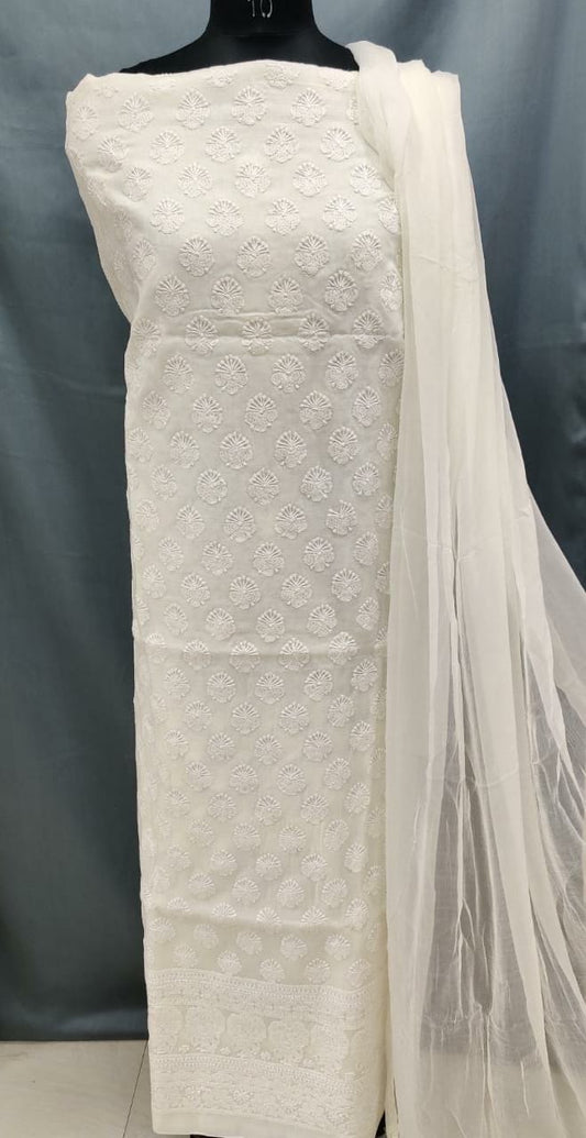 Cotton unstitched Kurta Suit With Chiffon Chikankari Duppata Hand Embroidery