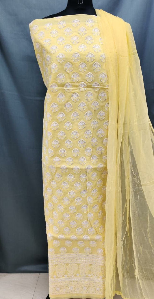 Cotton unstitched Kurta Suit With Chiffon Chikankari Duppata Hand Embroidery