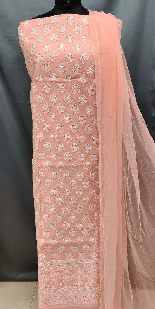 Cotton unstitched Kurta Suit With Chiffon Chikankari Duppata Hand Embroidery