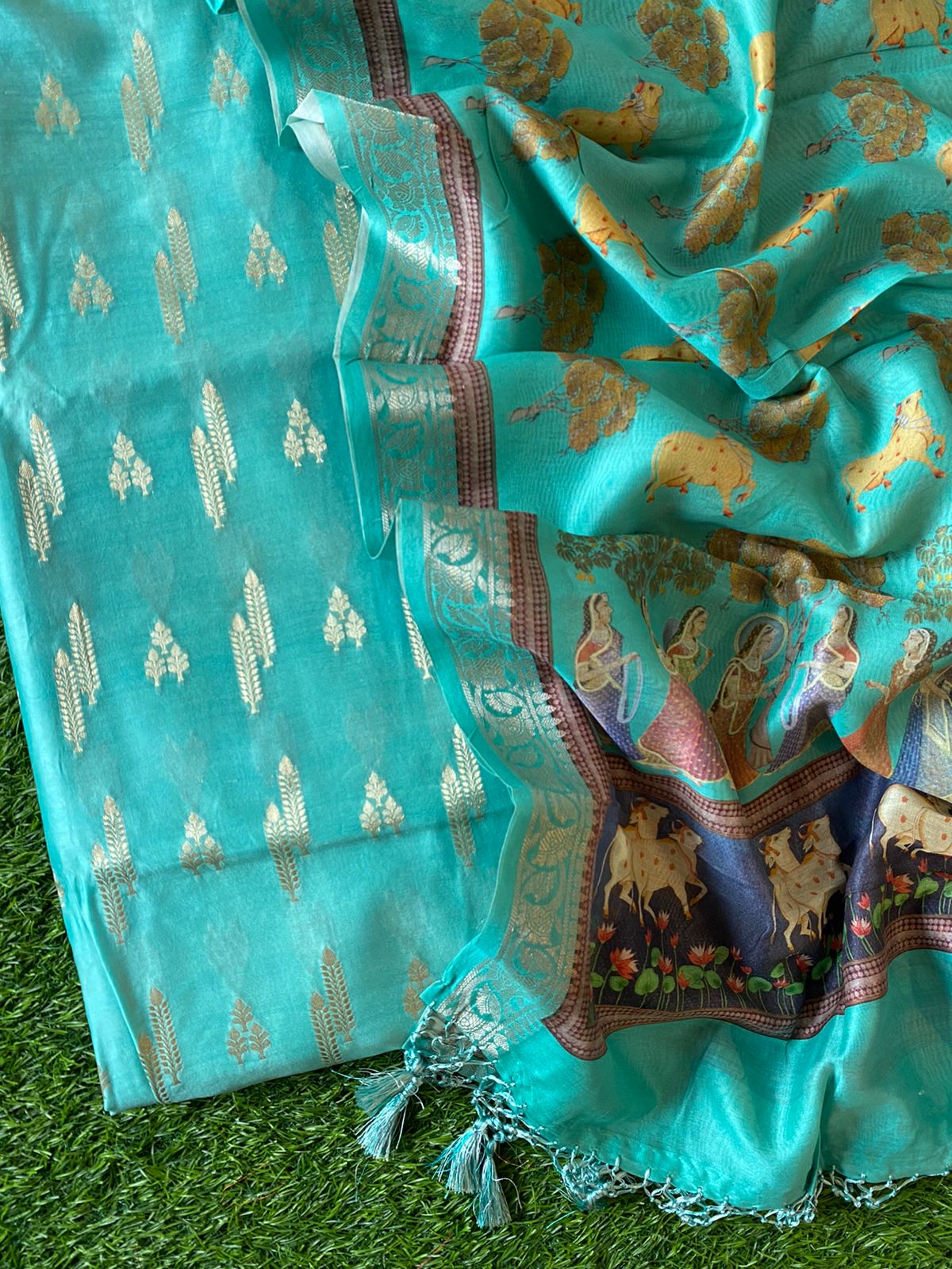 Banarasi Pure Resham Silk Chanderi Zari Woven Suit With Pichwai Photo Art Concept Dupatta