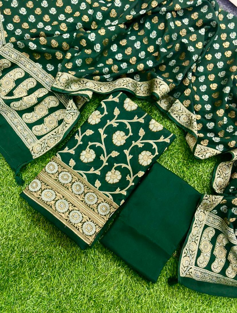 Banarasi Pure Chanderi Alfi Jaal Unstitched Suit With Dupatta