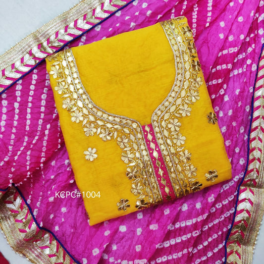 Pure Chanderi Hand Gota Patti Suit With Bandhej Silk Dupatta