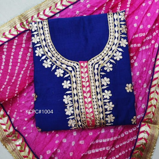 Pure Chanderi Hand Gota Patti Suit With Bandhej Silk Dupatta