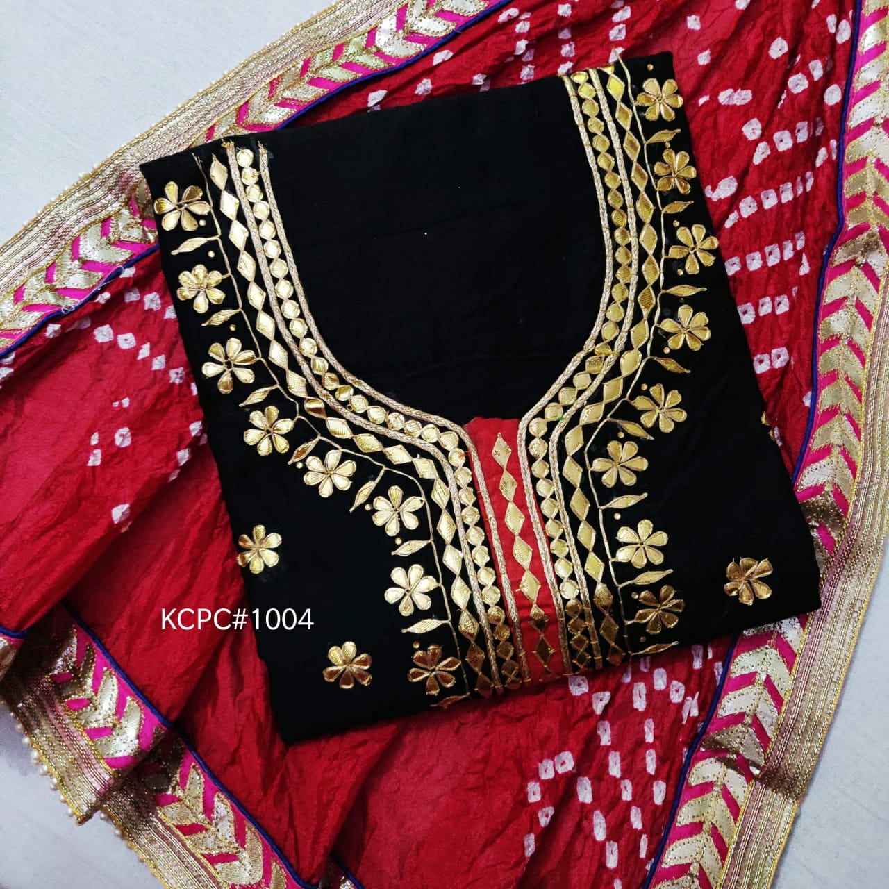 Pure Chanderi Hand Gota Patti Suit With Bandhej Silk Dupatta