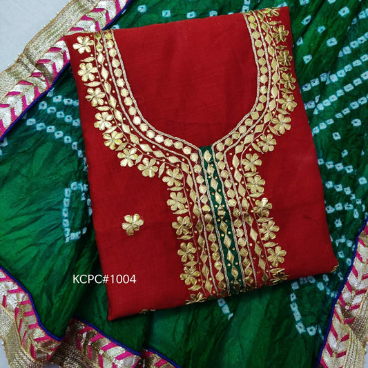 Pure Chanderi Hand Gota Patti Suit With Bandhej Silk Dupatta