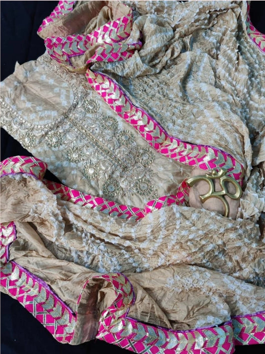 Bandhej Cotton Gota Patti Unsititched Suit. With Kundan Work