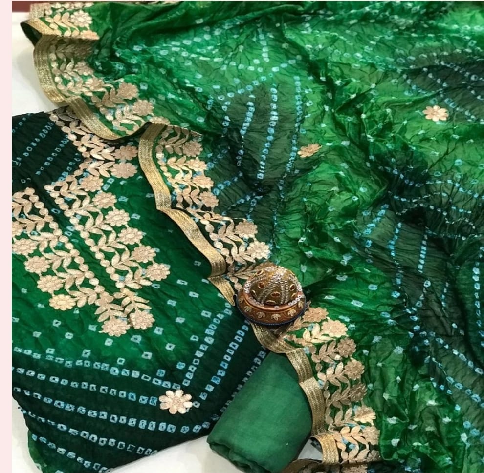 Bandhej Cotton Gota Patti Unsititched Suit. With Kundan Work