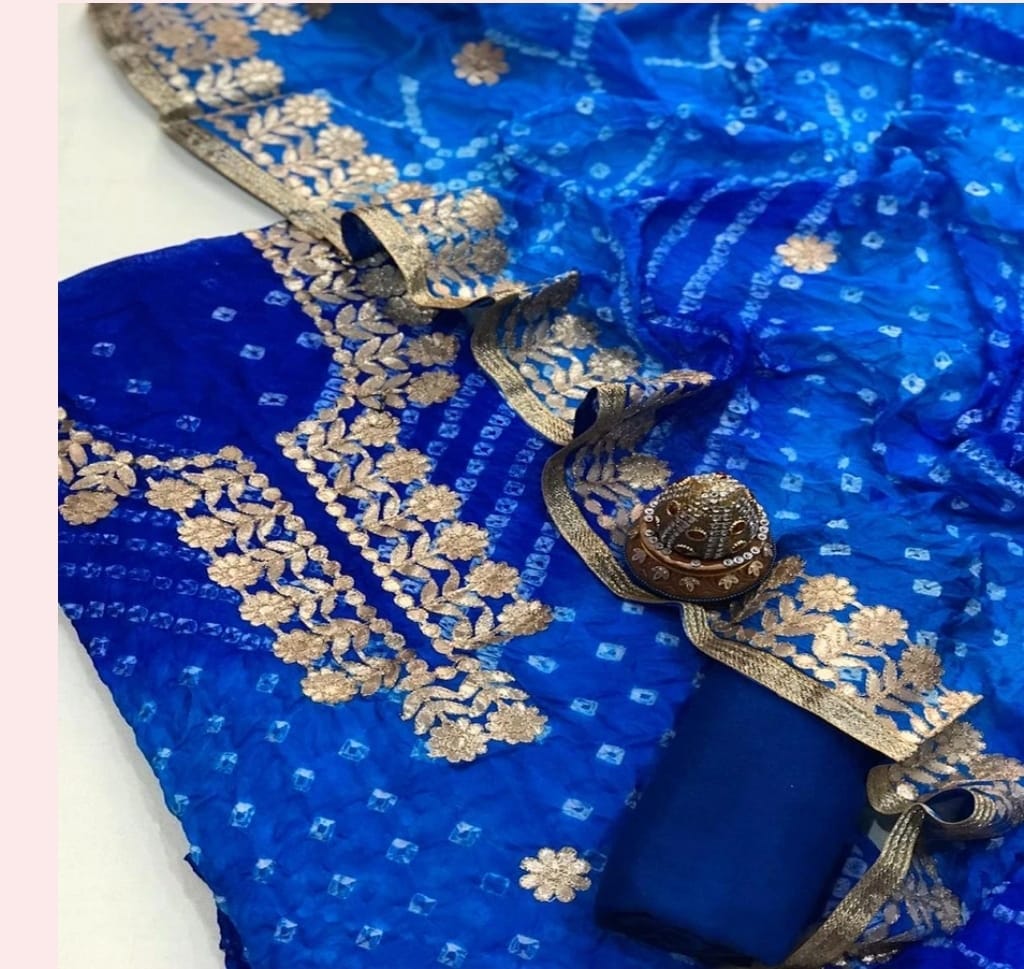 Bandhej Cotton Gota Patti Unsititched Suit. With Kundan Work