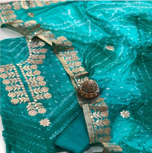 Bandhej Cotton Gota Patti Unsititched Suit. With Kundan Work