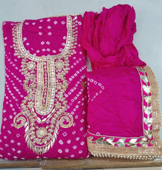 Bandhej Cotton Gota Patti Unsititched Suit. With Kundan Work