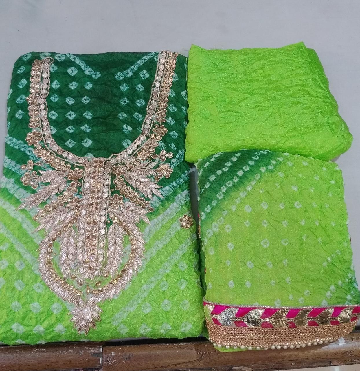 Bandhej Cotton Gota Patti Unsititched Suit. With Kundan Work