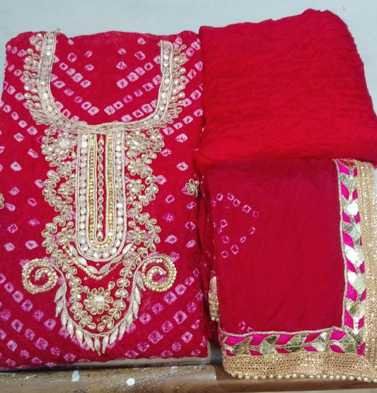 Bandhej Cotton Gota Patti Unsititched Suit. With Kundan Work