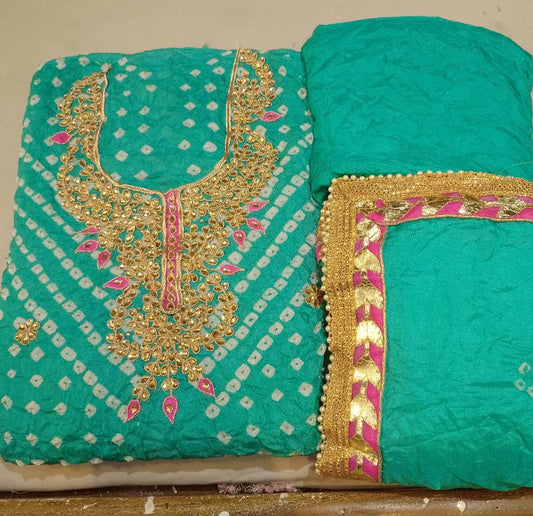 Bandhej Cotton Gota Patti Unsititched Suit. With Kundan Work