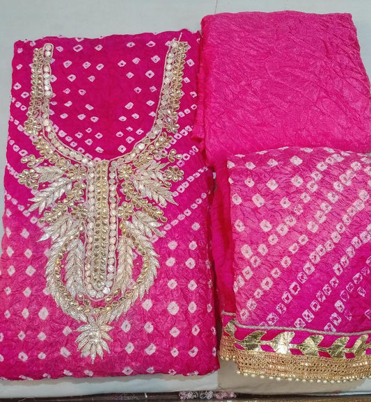 Bandhej Cotton Gota Patti Unsititched Suit. With Kundan Work