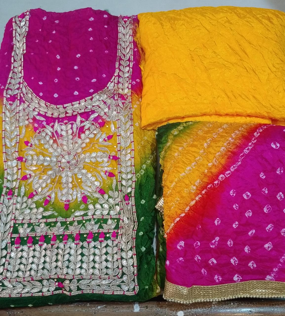 Bandhej Cotton Gota Patti Unsititched Suit. With Kundan Work